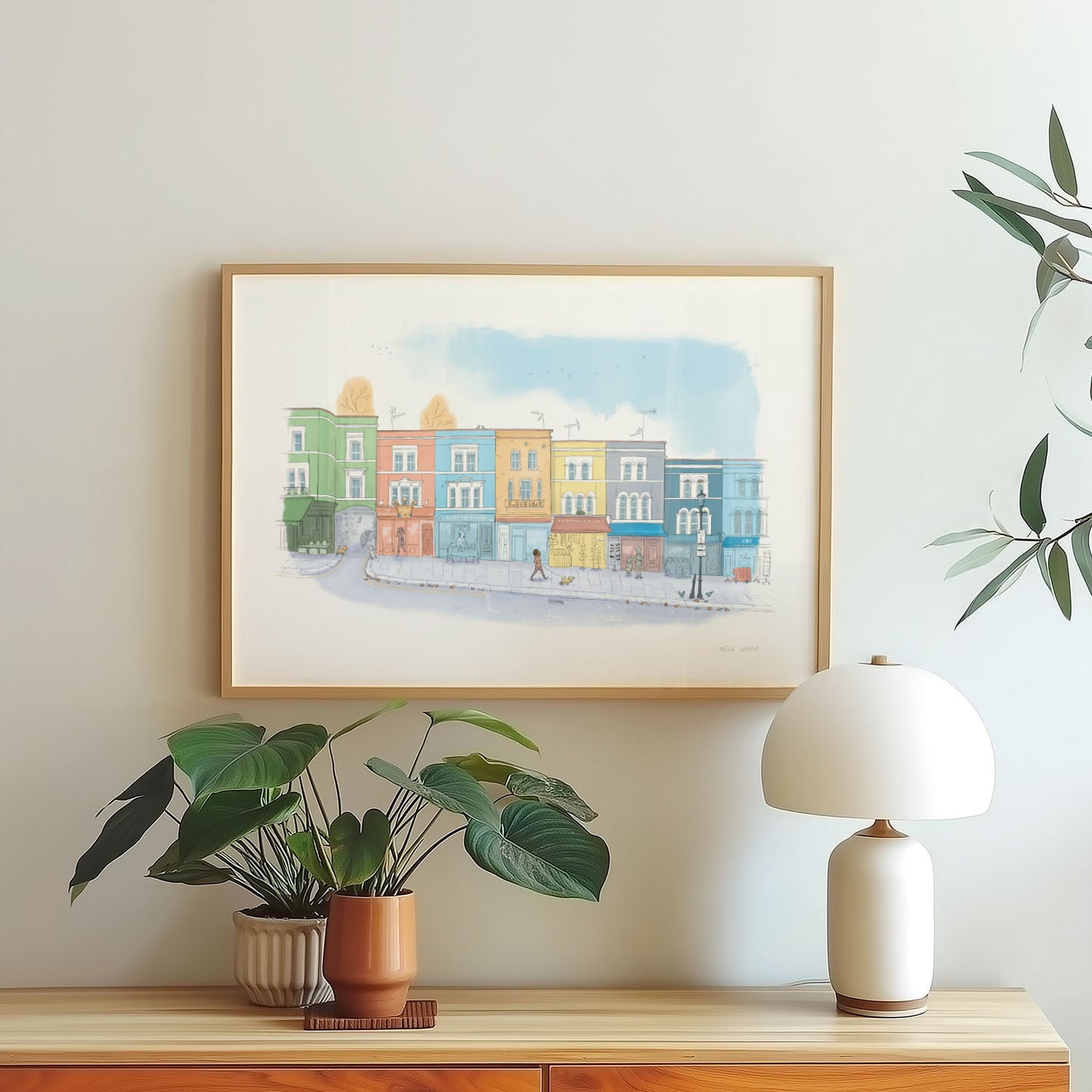 Framed print of Portobello road shops illustration with plants and lamp