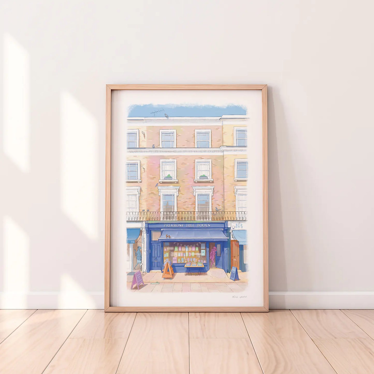 Framed print of Primrose Hill Books London illustrated by Mike Green Illustration