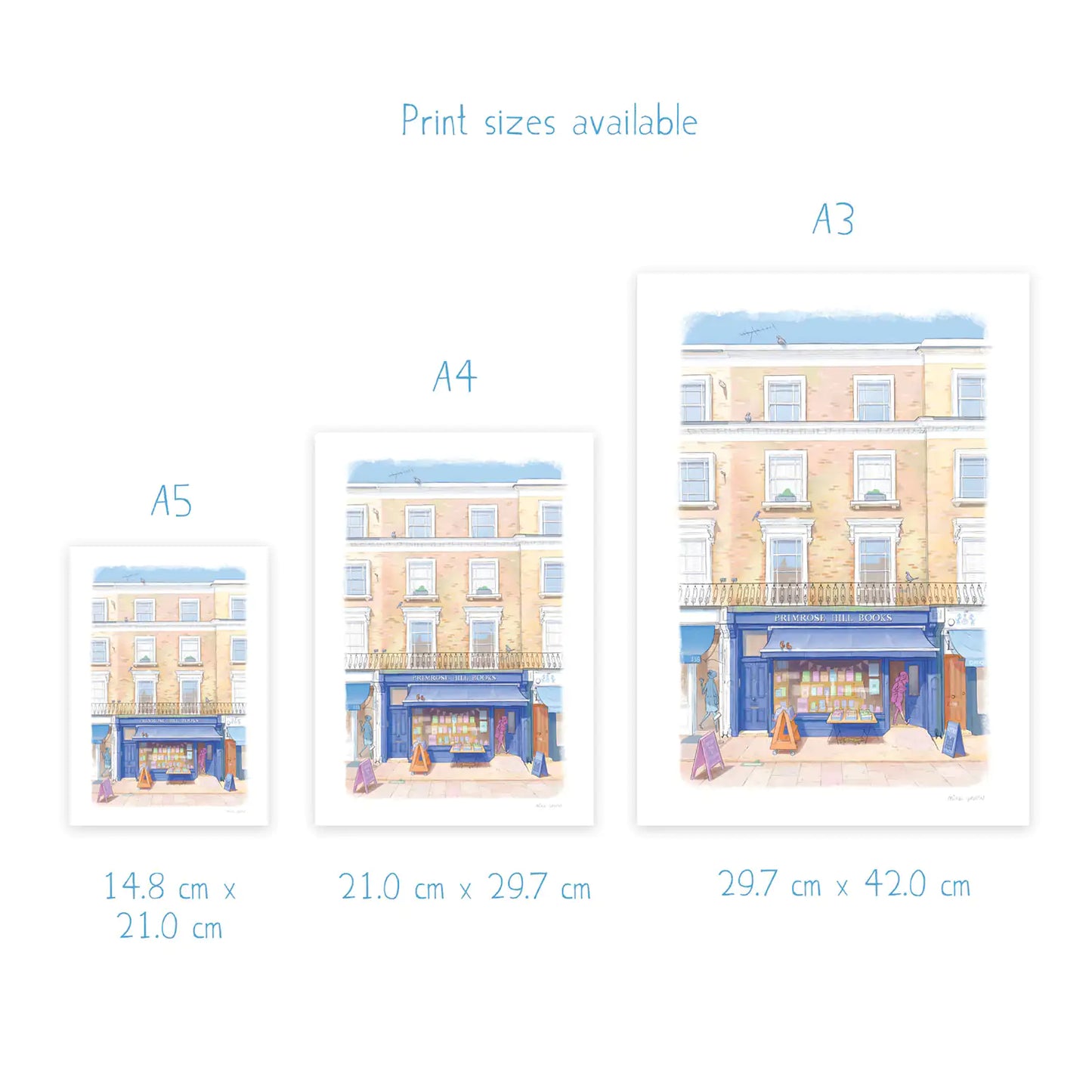 Dimensions for prints of Primrose Hill Books London illustrated by Mike Green Illustration