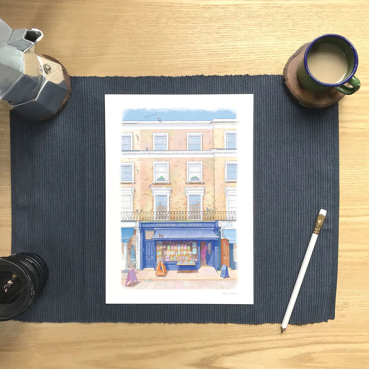 Print of Primrose Hill Books London illustrated by Mike Green Illustration with coffee and pencil