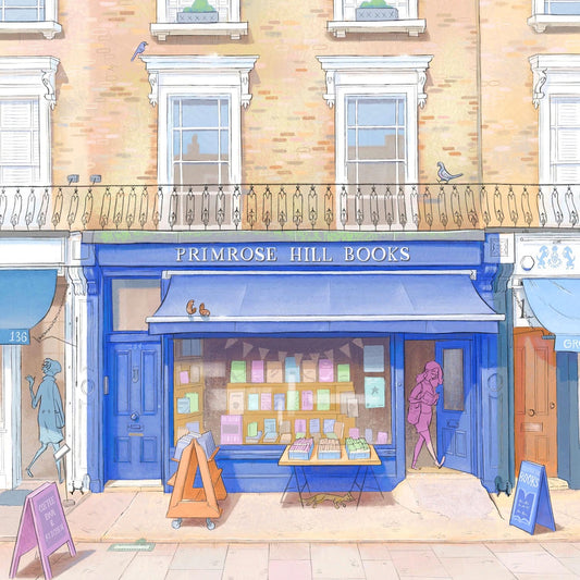 Detail from a wall art print painting of Primrose Hill Books in north London by Mike Green Illustration