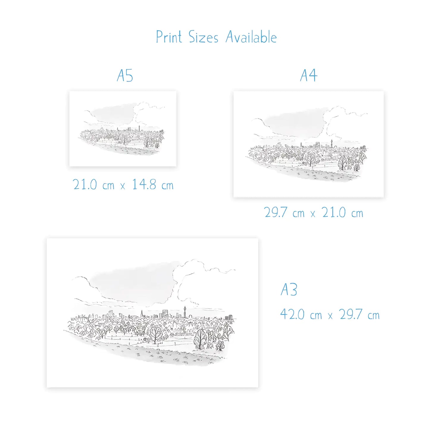 Dimensions for a print of the view from Primrose Hill in London by Mike Green Illustration