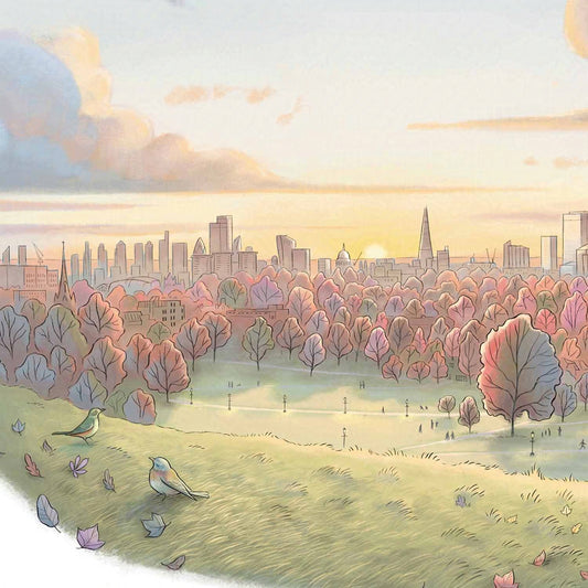 Detail of a painting of a Sunrise on London's Primrose Hill