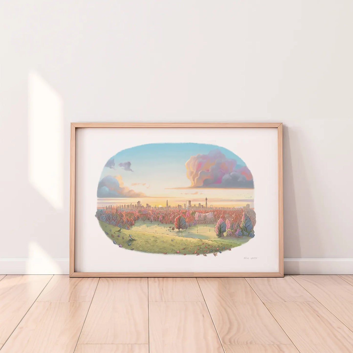 Framed print of Autumn Sunrise on Primrose Hill painting by Mike Green Illustration