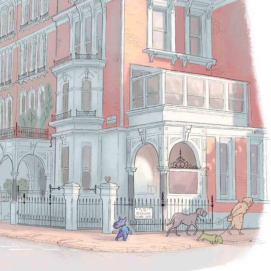 Detail of painting of dogs spotting a cat on a street on London