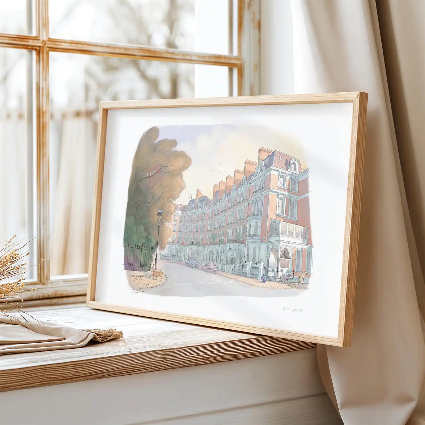 Framed print of dogs spotting a cat on a street on London next to Redcliffe Square in Kensington