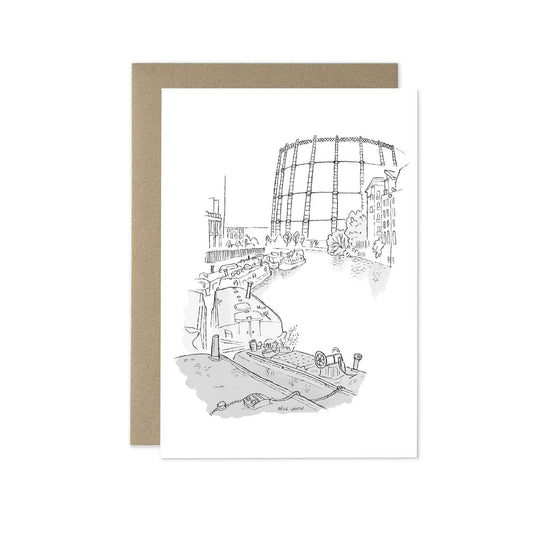 Regents Canal in London beautifully sketched on a greeting card by mike green illustration.