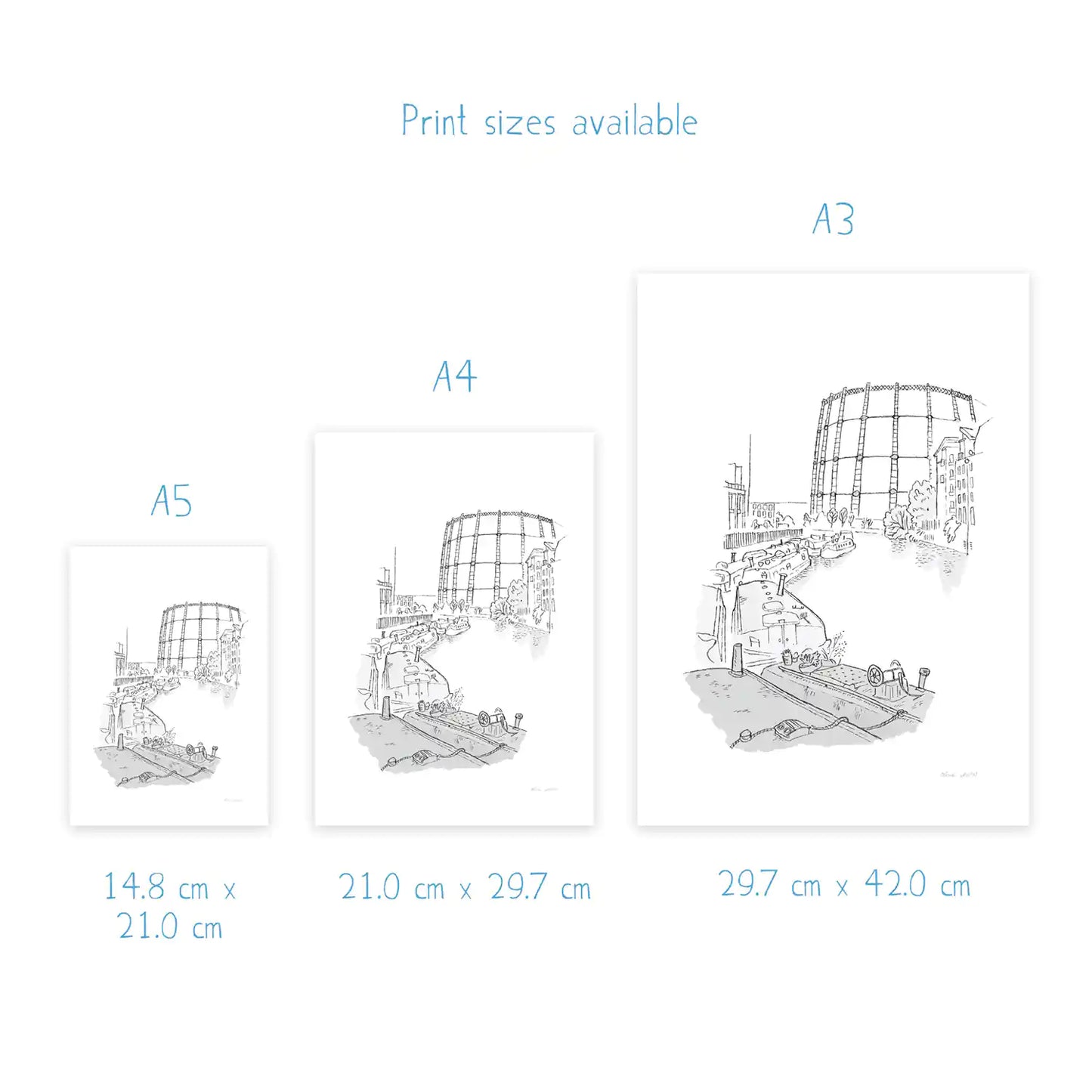 Dimensions for prints of boats on London's Regents Canal beautifully sketched by Mike Green.