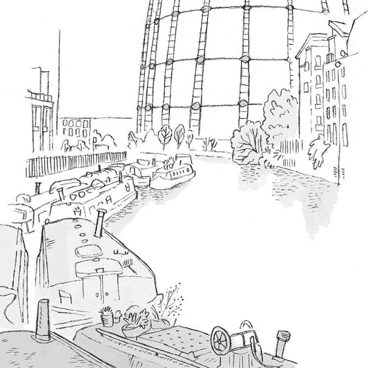 Detail from a wall art print of a sketch of London regents canal with boats and a gasometer