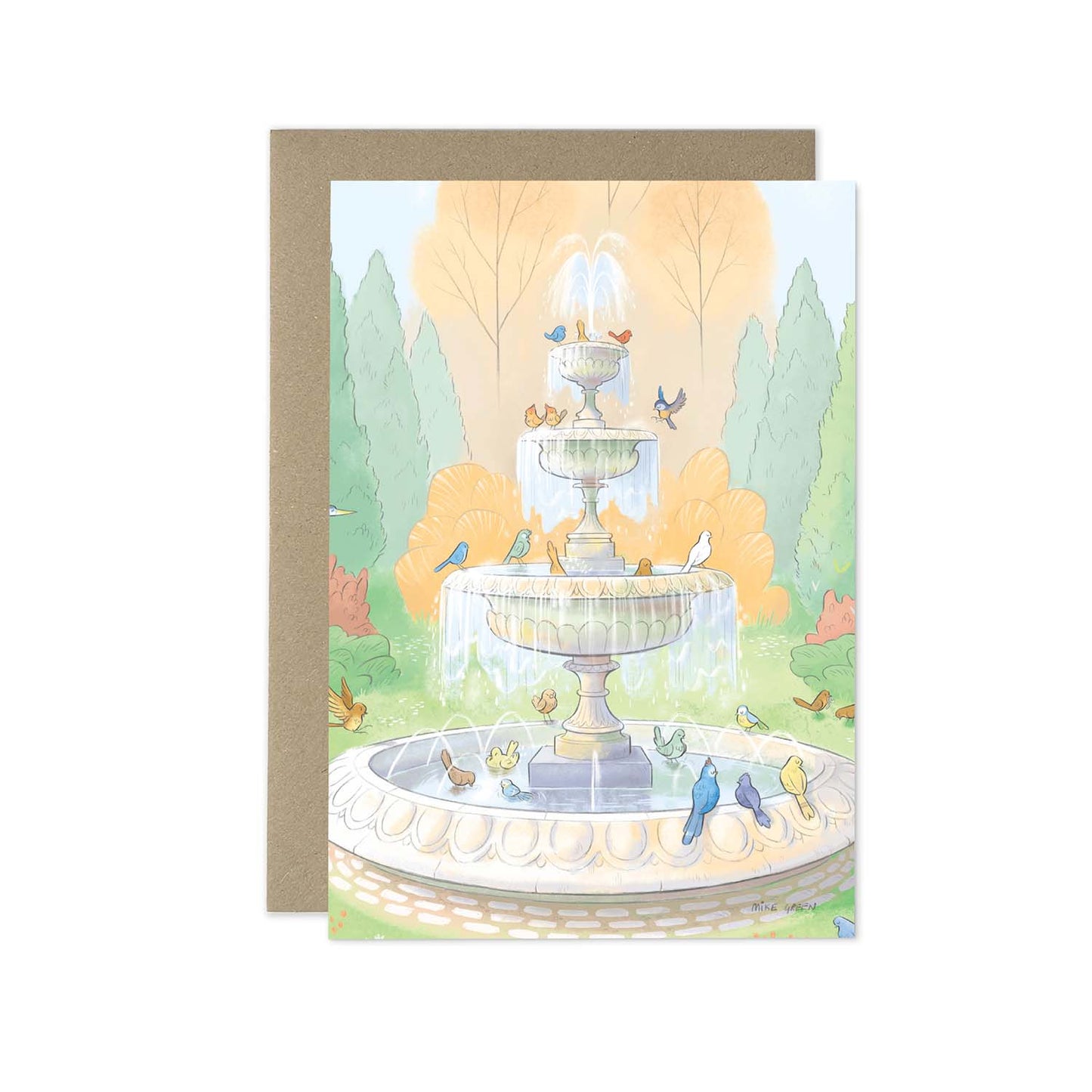 Illustration of colourful birds drinking from a fountain on a greetings card