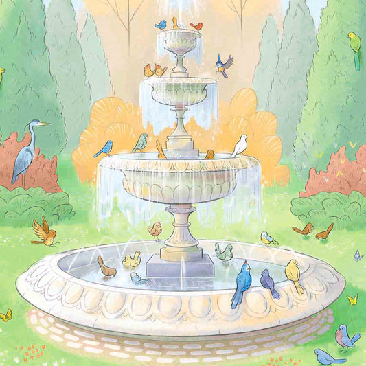 Detail of a painting of birds drinking from a fountain in London's Regents Park