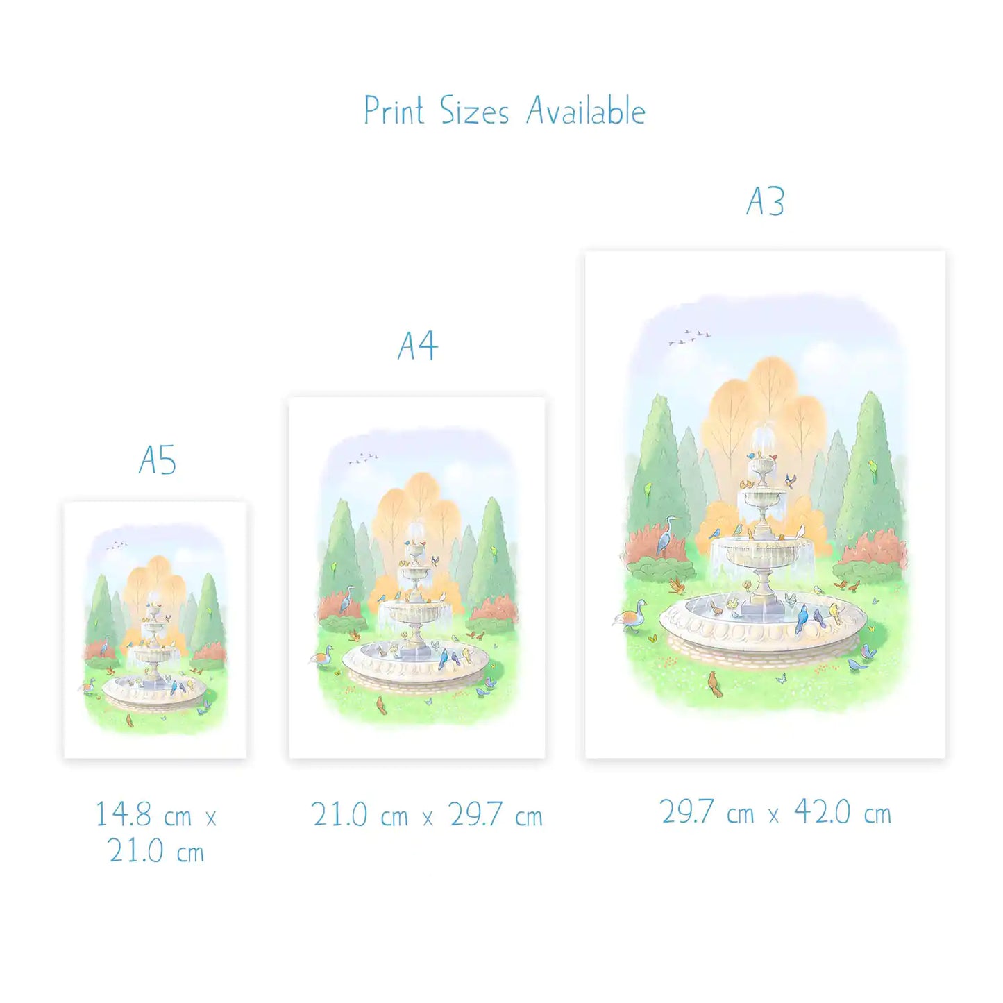 Dimensions for art prints of a painting of birds drinking from a fountain in London's Regents Park by Mike Green Illustration