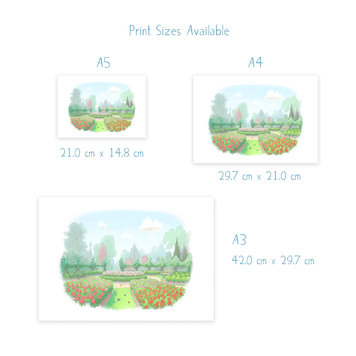 Sizes for a regents park rose garden wall art print from London