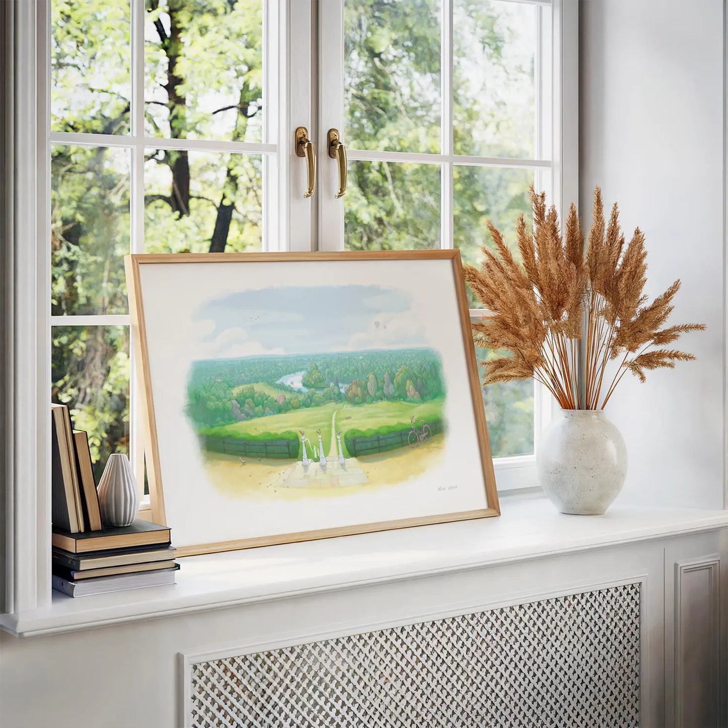 Wall art print of painting of the view from Richmond Hill in London with a pencil and coffee cup