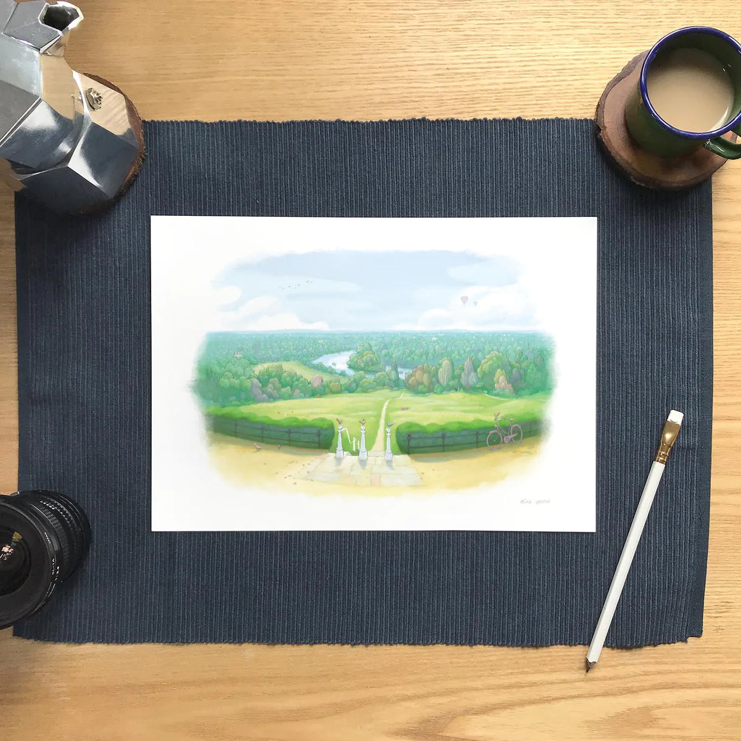 Wall art print of painting of the view from Richmond Hill in London with a pencil and coffee cup