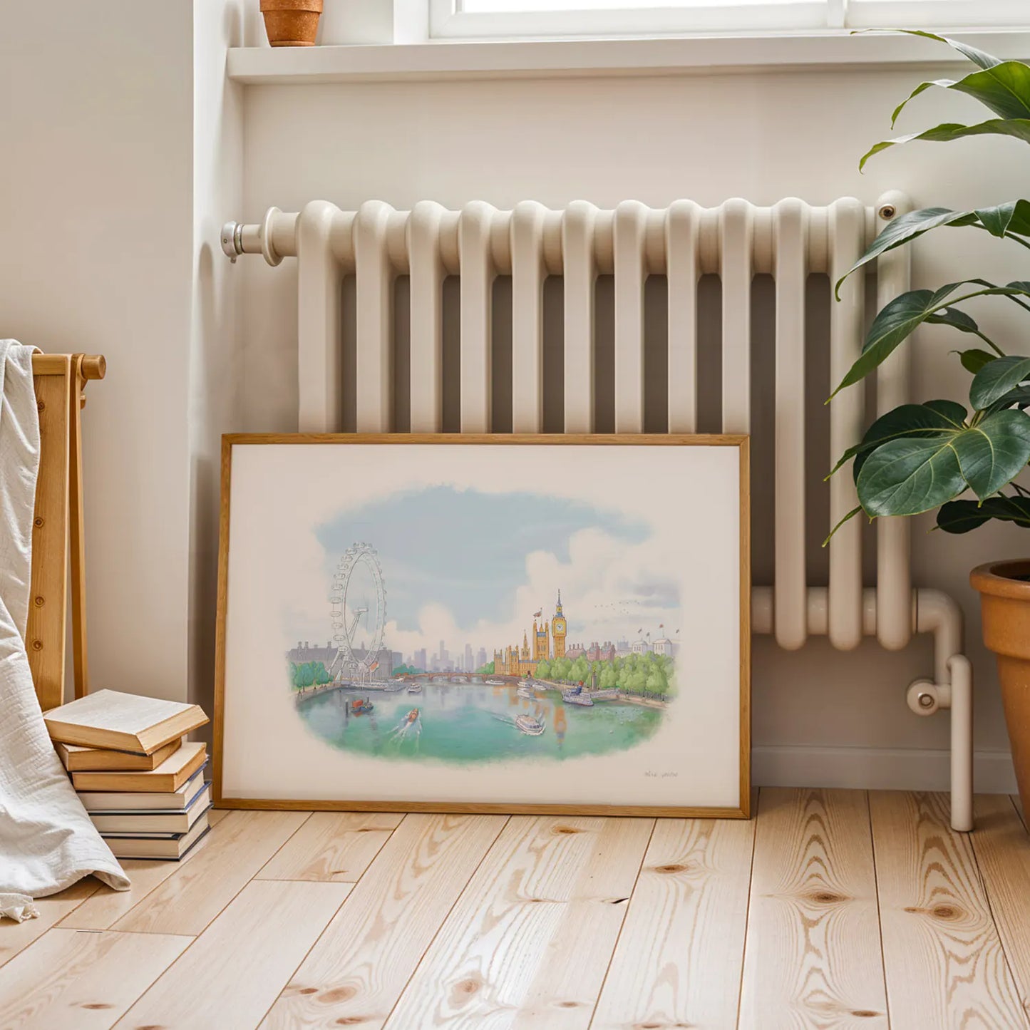 Framed print of an illustration of the view south from London's Golden Jubilee Bridge with Houses of Parliament and the London eye by Mike Green Illustration