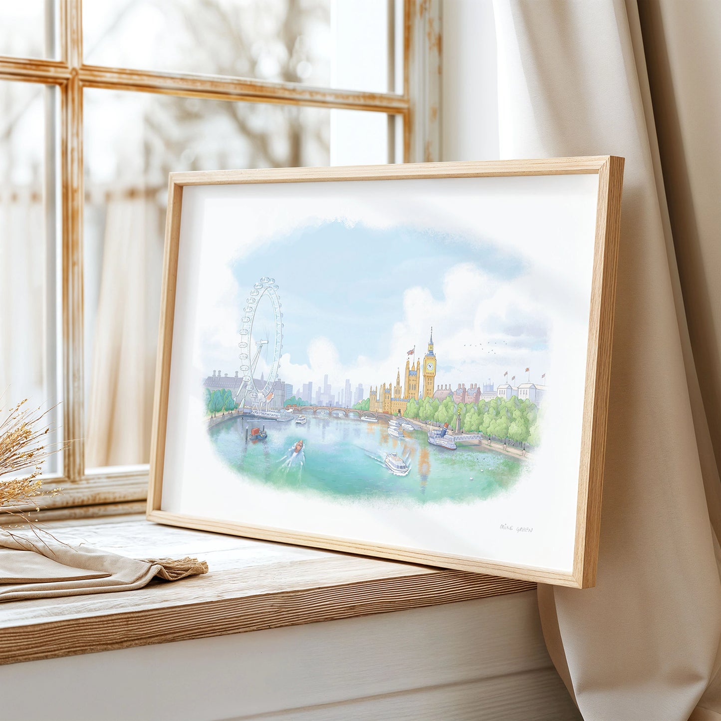 Framed print of an illustration of the view south from London's Golden Jubilee Bridge with Houses of Parliament and the London eye by Mike Green Illustration