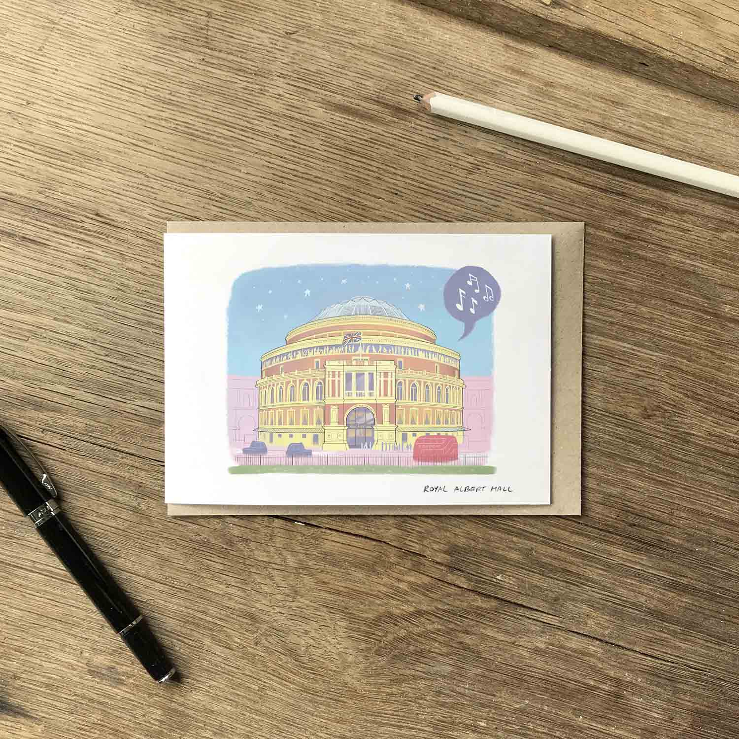 London's Royal Albert Hall beautifully illustrated on a greeting card by mike green illustration.