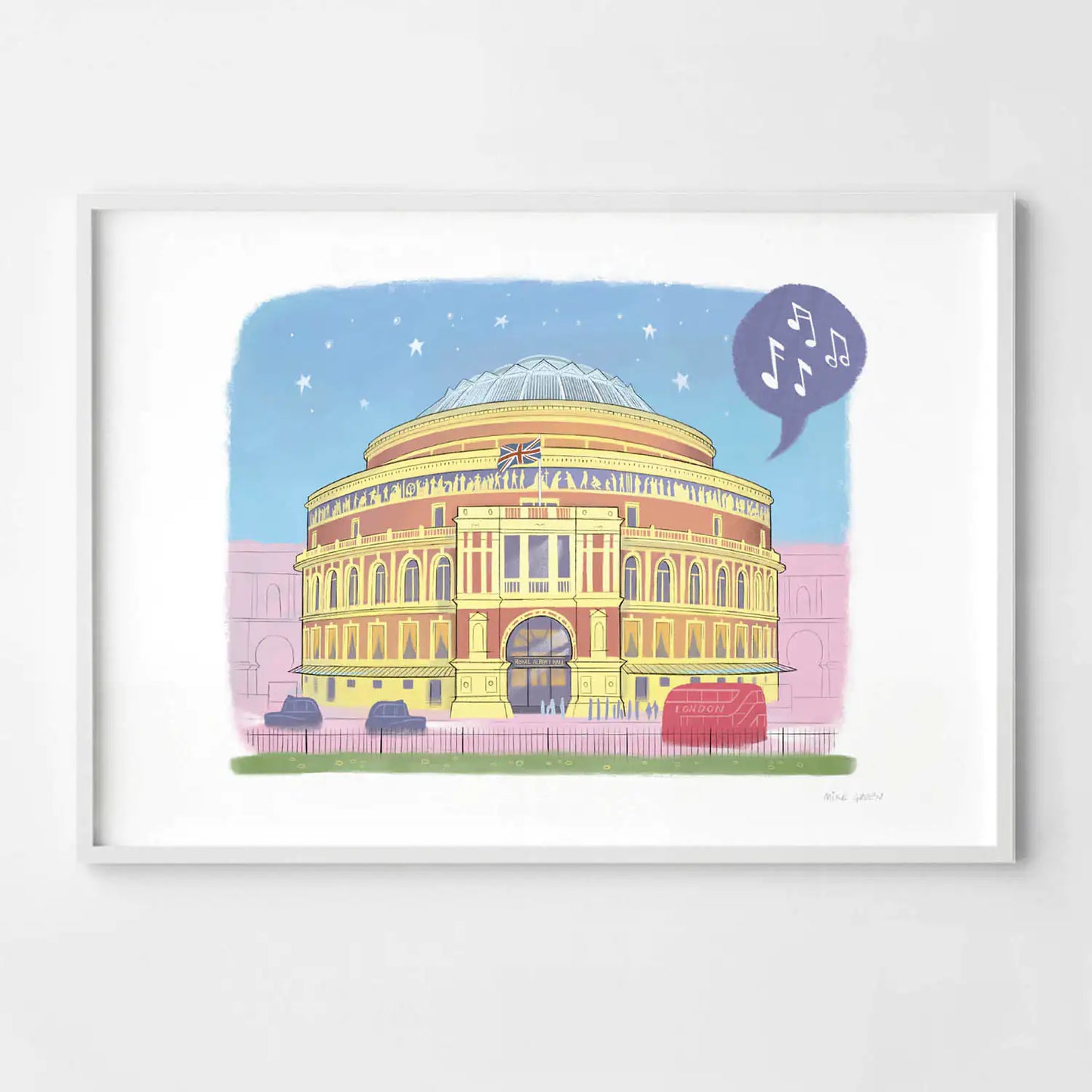A print of London's Royal Albert Hall illustrated by Mike Green.