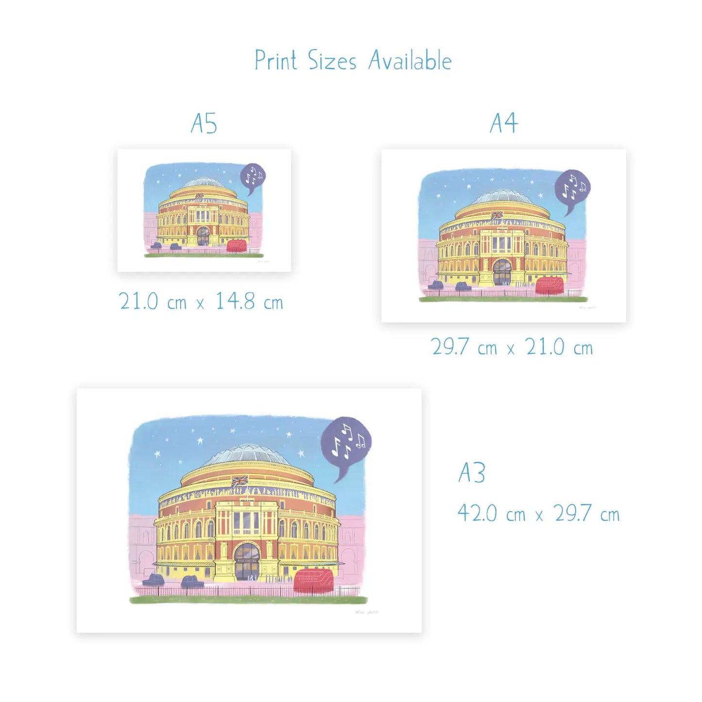Wall art print sizes for a painting of the Royal Alert Hall in London