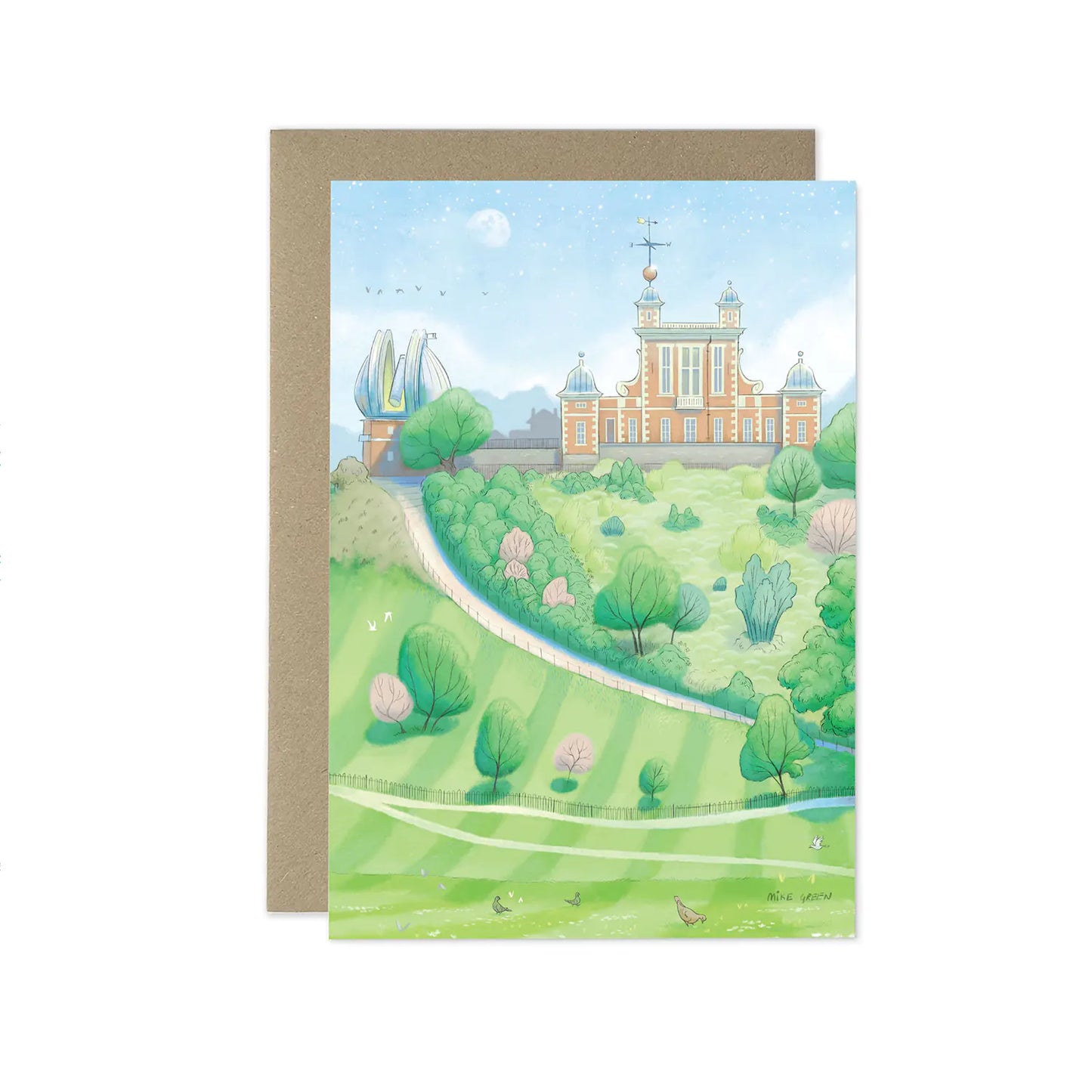 Greetings card with a painting of the Royal Observatory Greenwich Park in London by Mike Green Illustration