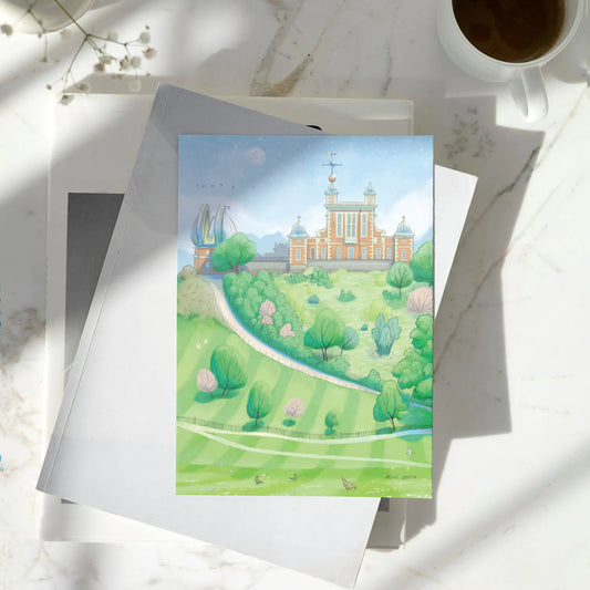 Greetings card with a painting of the Royal Observatory Greenwich Park in London by Mike Green Illustration
