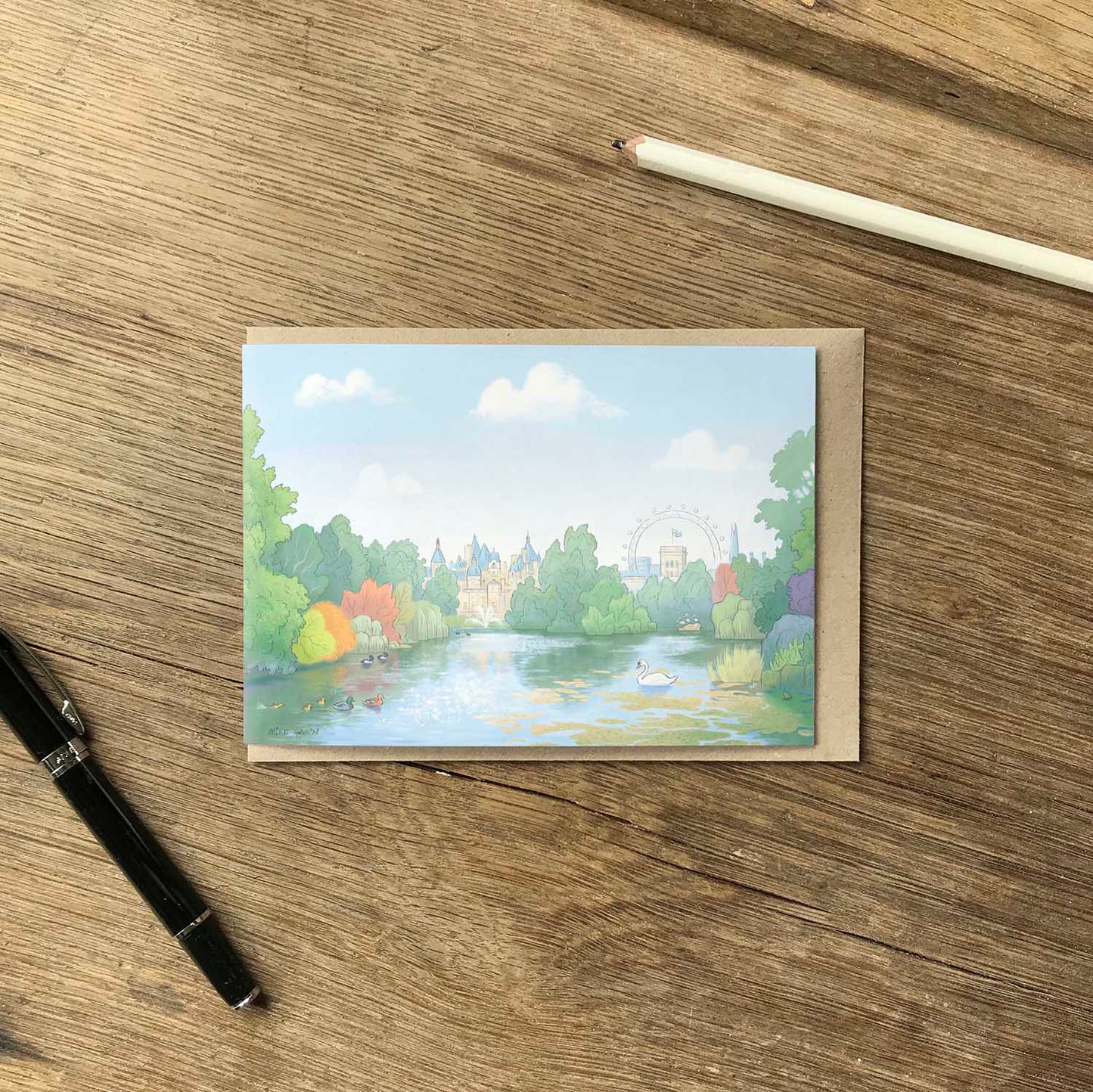 London's St James Park east view beautifully illustrated on a greeting card by mike green illustration.