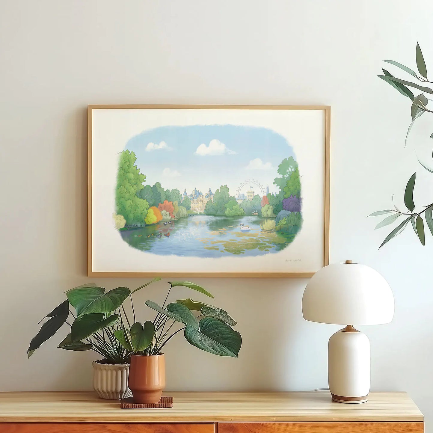 Art print of a painting of St James's Park lake in London with a plant and lamp