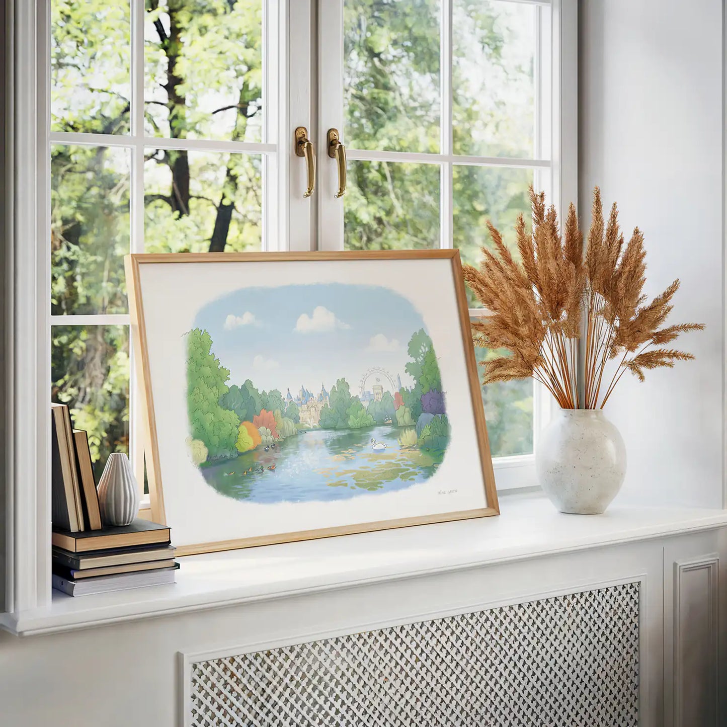 Art print of a painting of St James's Park lake with the London Eye in the background and wildlife on the lake.