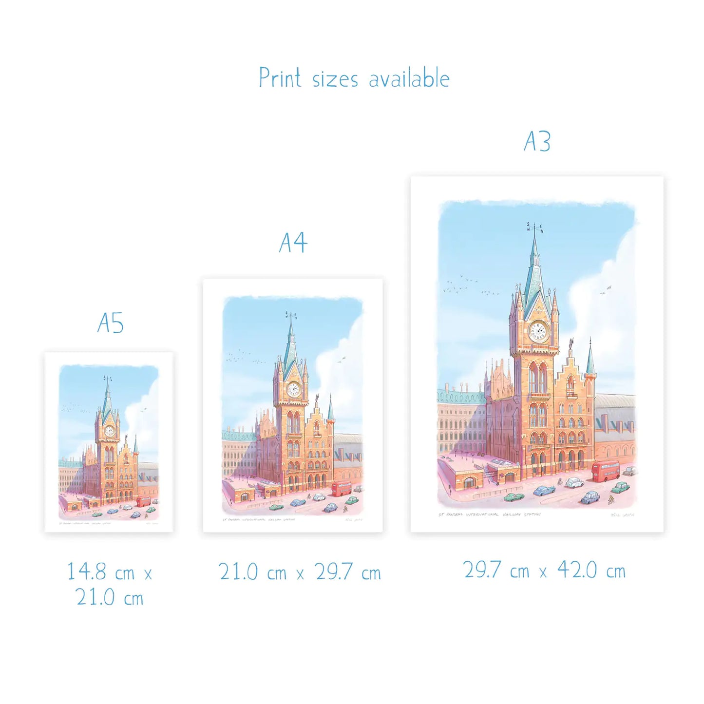 Dimensions for art prints of a painting of St Pancras International Railway Station in London by Mike Green Illustration