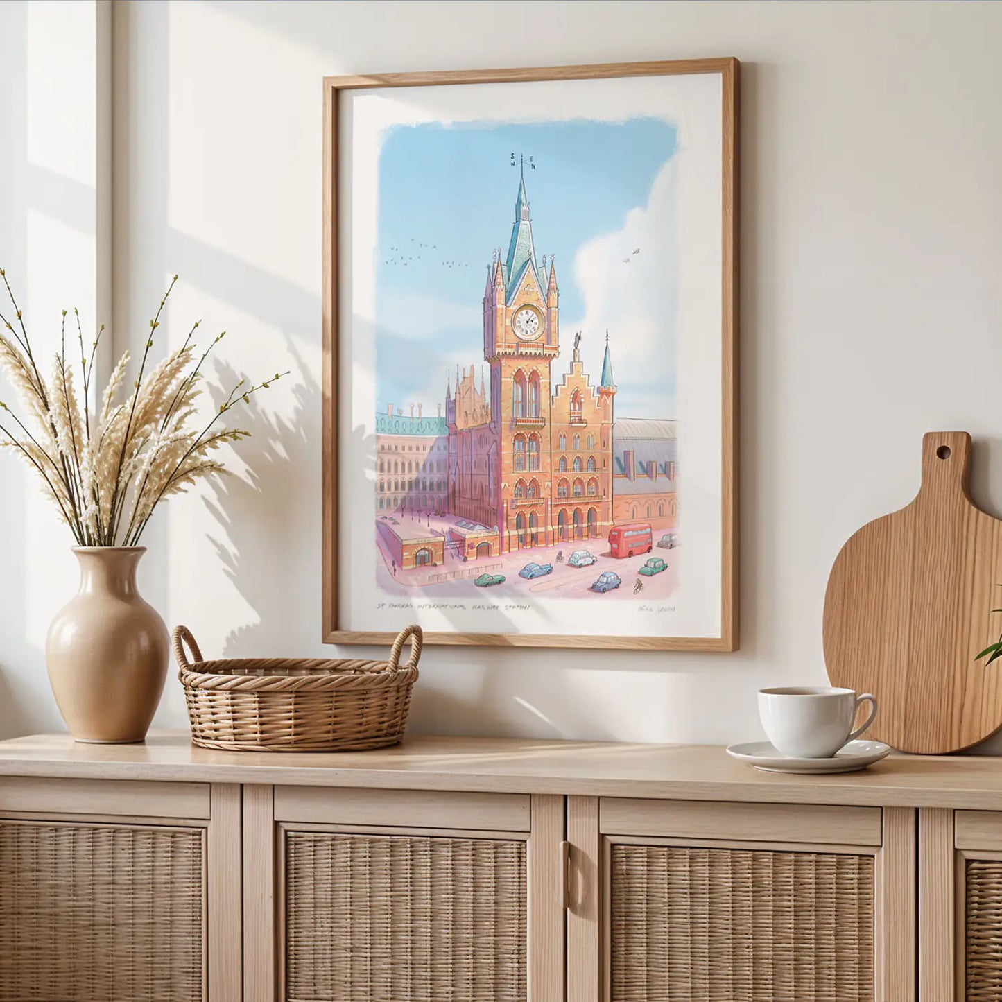 Framed art print of a painting of St Pancras International Railway Station in London by Mike Green Illustration
