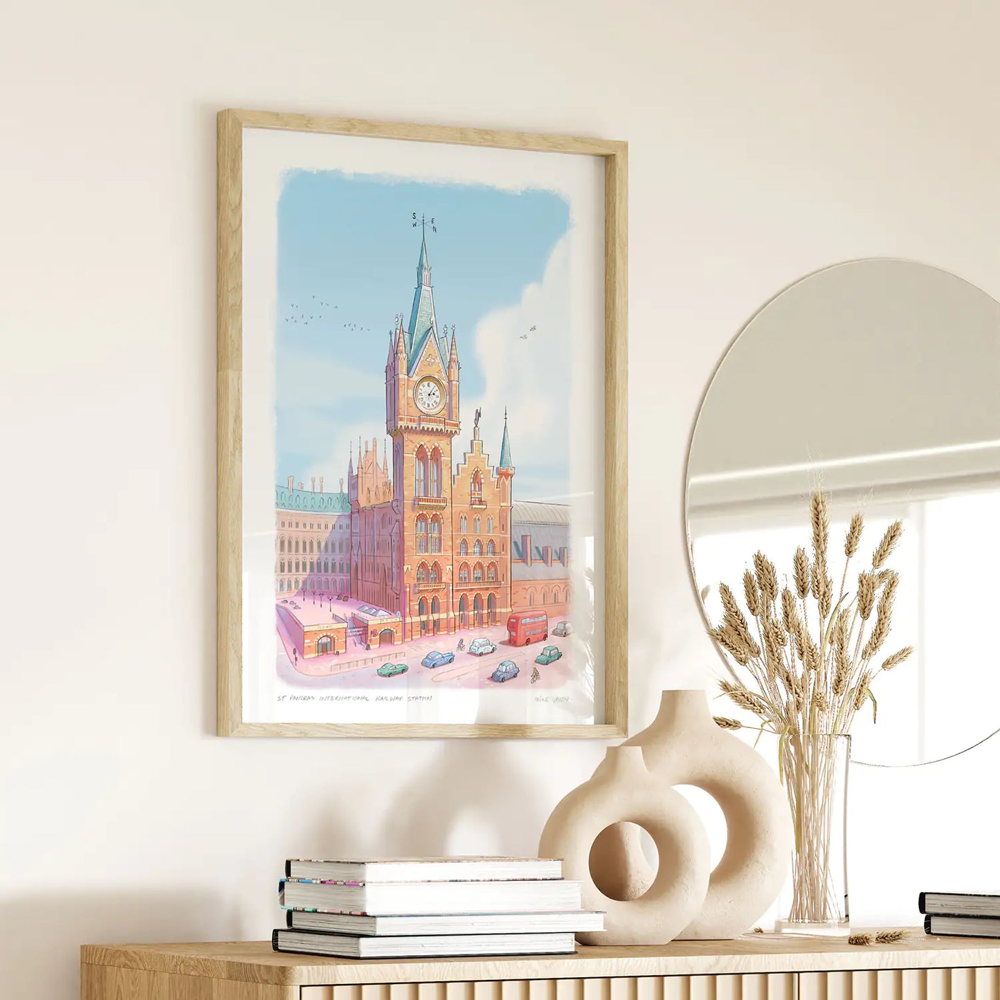Framed art print of a painting of St Pancras International Railway Station in London by Mike Green Illustration