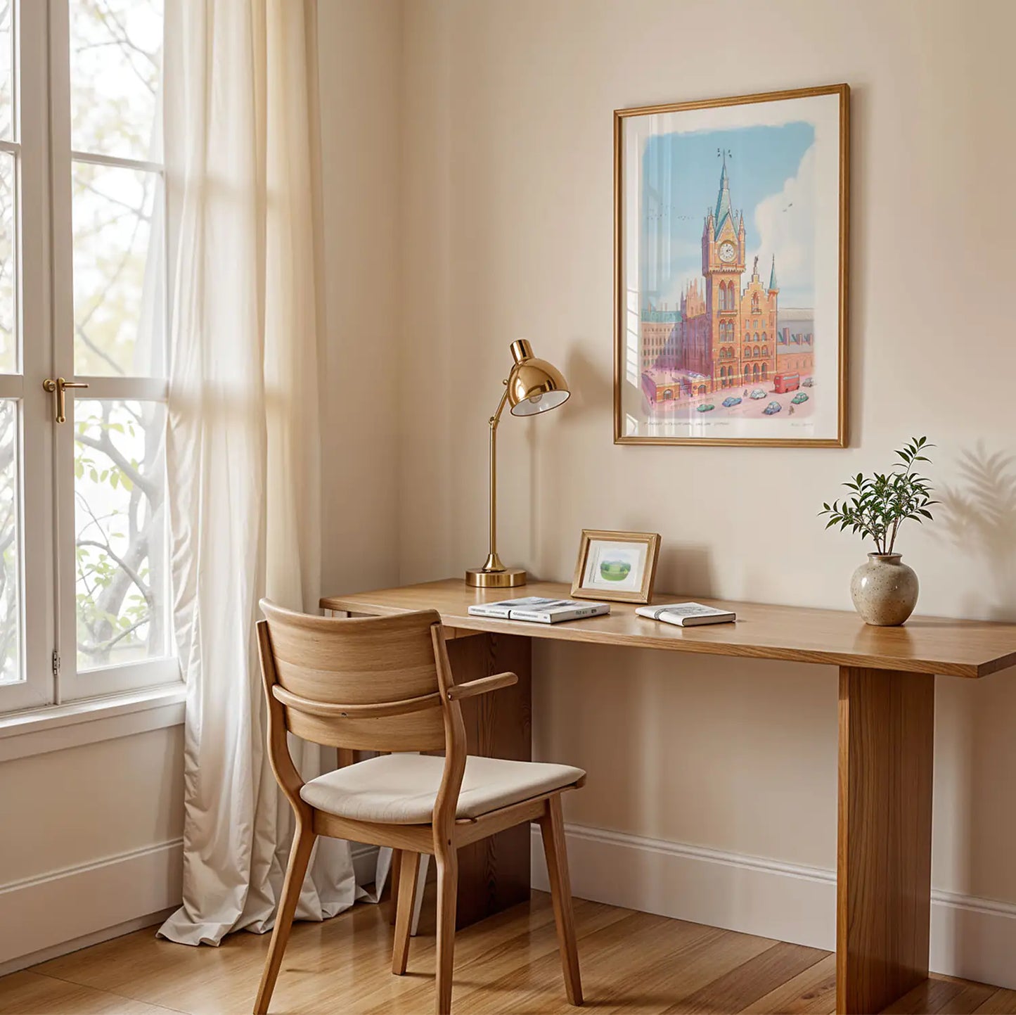 Framed art print of a painting of St Pancras International Railway Station in London by Mike Green Illustration on a wall above a desk