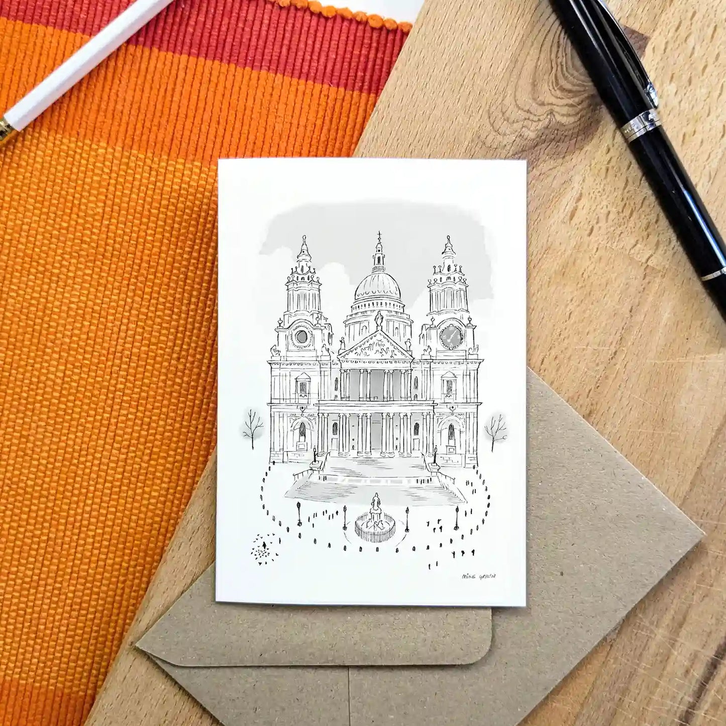London's St Paul's Cathedral beautifully sketched on a greeting card from mike green illustration.