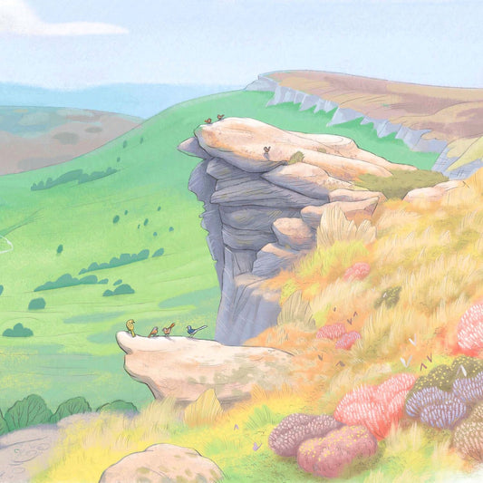 Detail from a wall art print of a painting of the view from Stanage Edge in the Peak District National Park in Derbyshire England