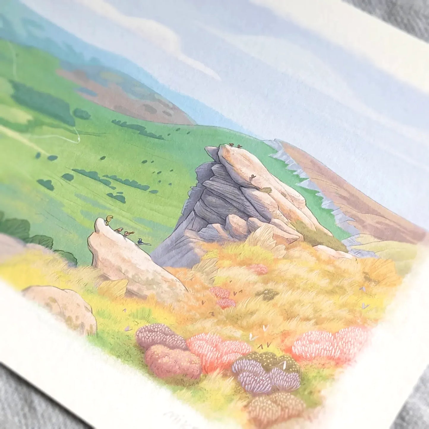 Photo of an art print of a painting of the view from Stanage Edge in the Peak District National Park in Derbyshire England.