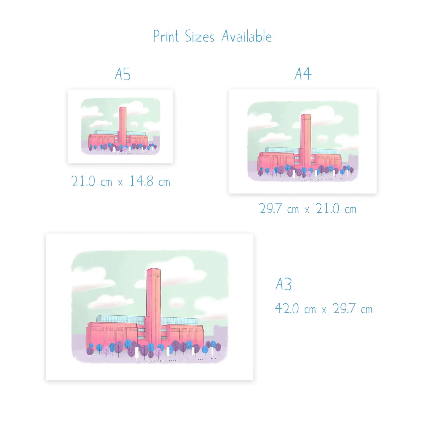 Dimensions for prints of London's Tate Modern painted by Mike Green Illustration