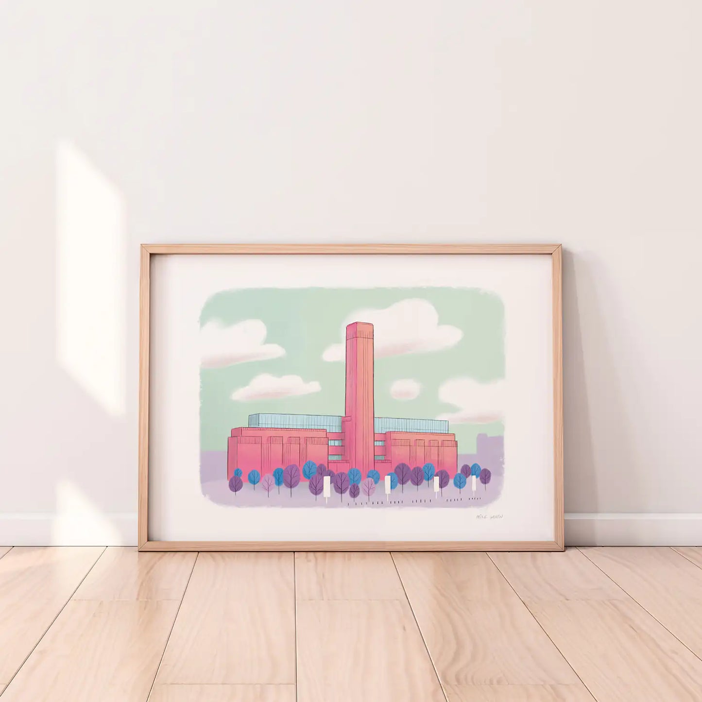 A framed print of London's Tate Modern painted by Mike Green Illustration.
