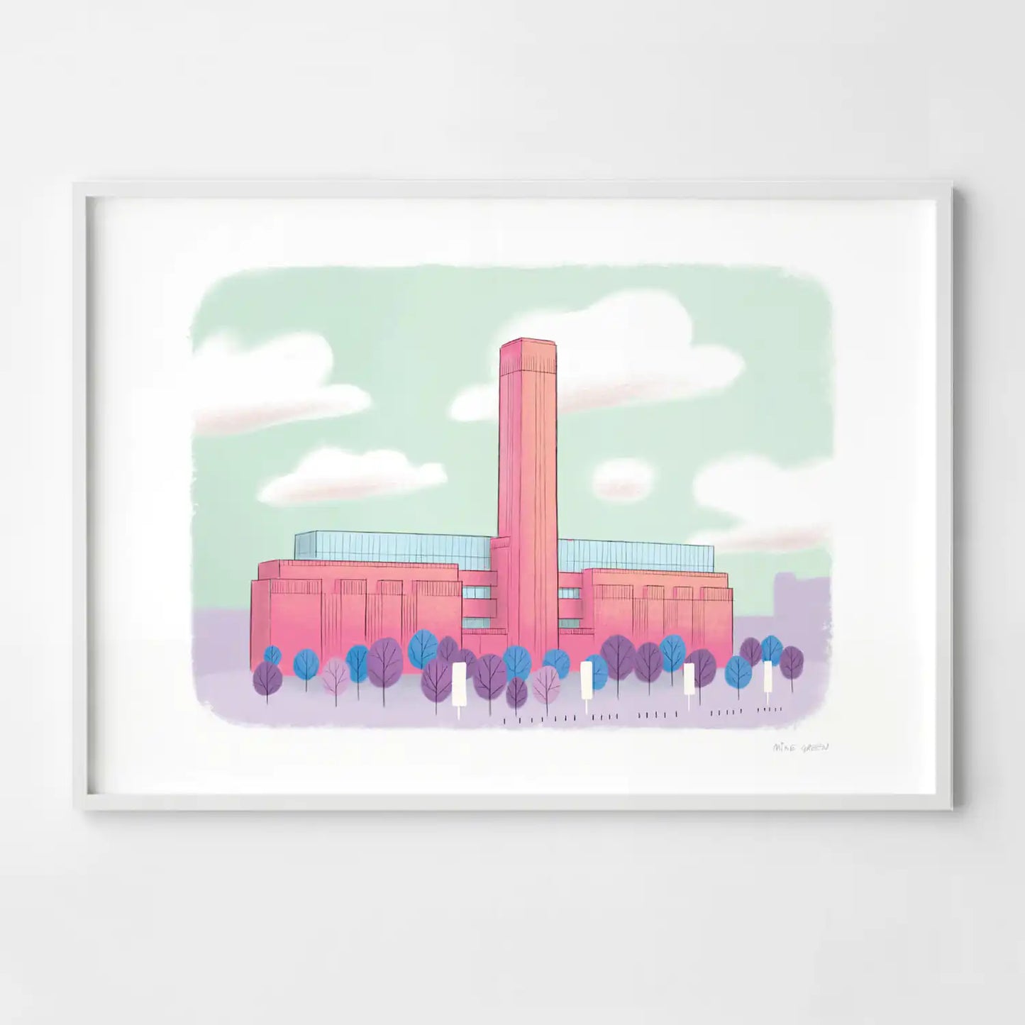 A print of London's Tate Modern colourfully illustrated by Mike Green.
