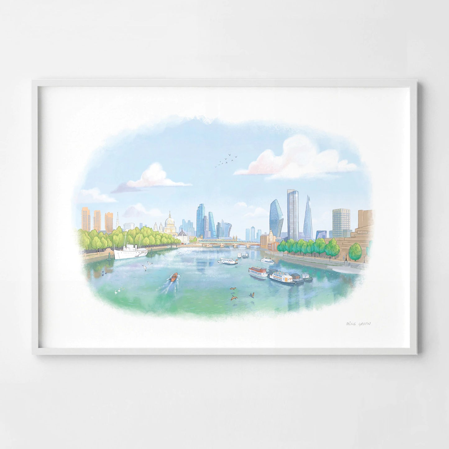 A framed print of a painting of the view from London's Waterloo Bridge towards St Paul's Cathedral by Mike Green