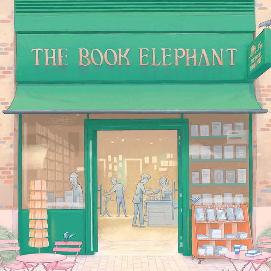 Detail from a wall art print of a painting of The Book Elephant shop in London's Elephant & Park with people shopping for books