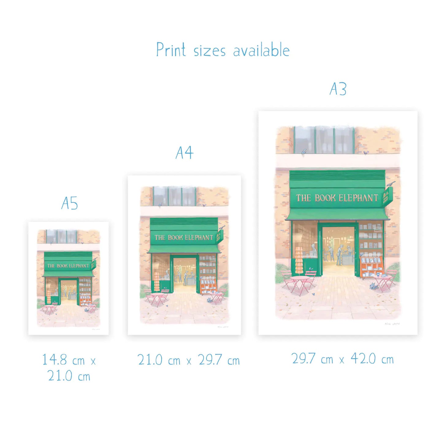 Wall art print sizes for a painting of the Elephant Book shop in London