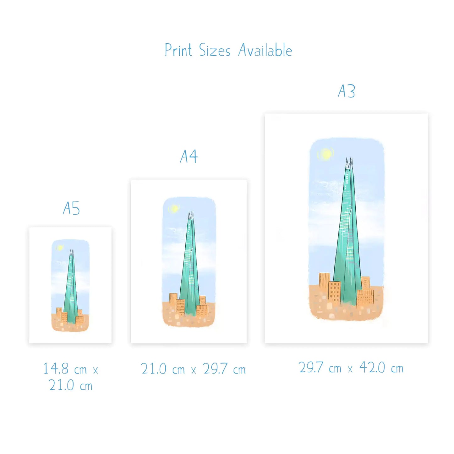 Dimensions for art prints of London's The Shard painted by Mike Green Illustration.