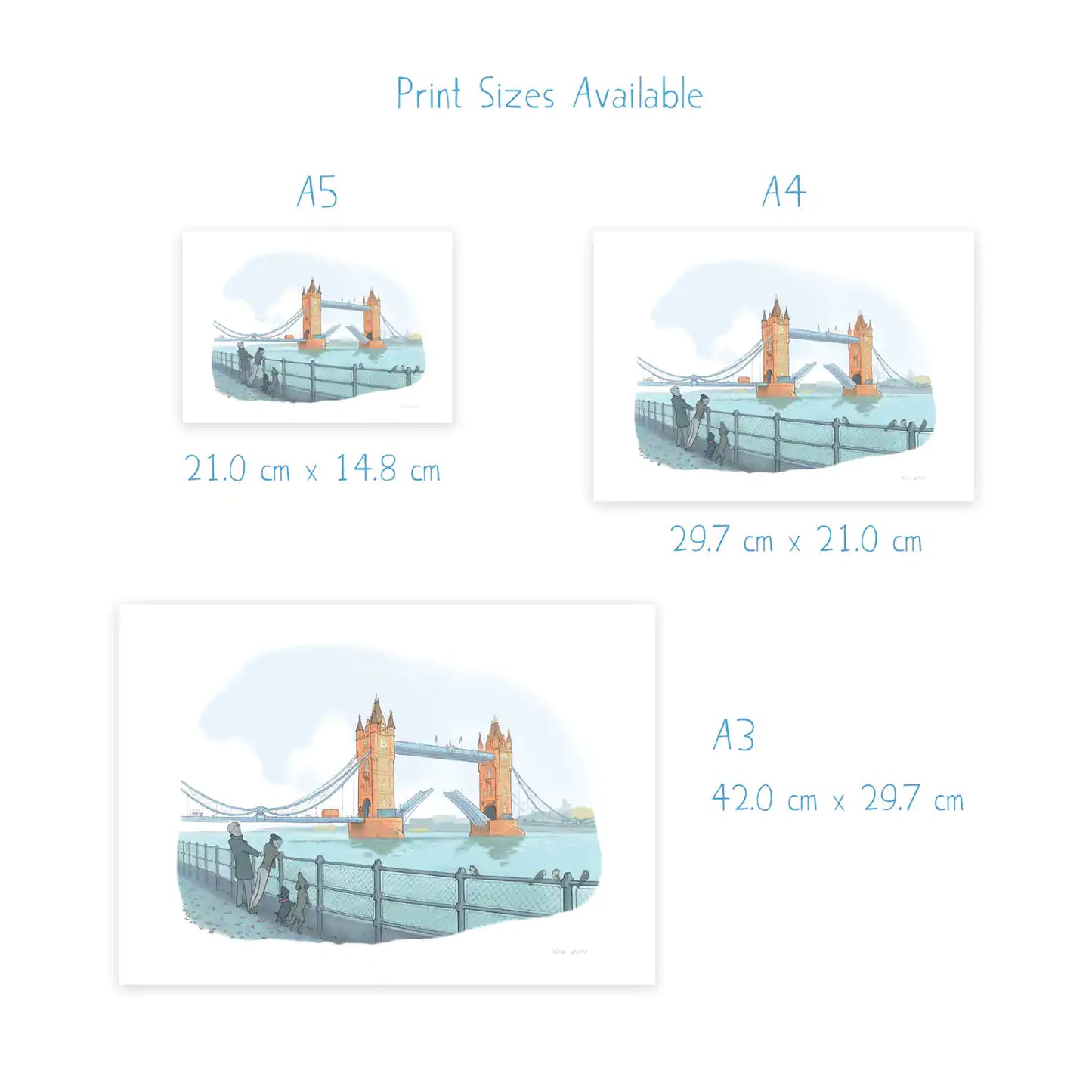 Print dimensions of a painting of London's Tower Bridge on the Thames with a couple and their dogs