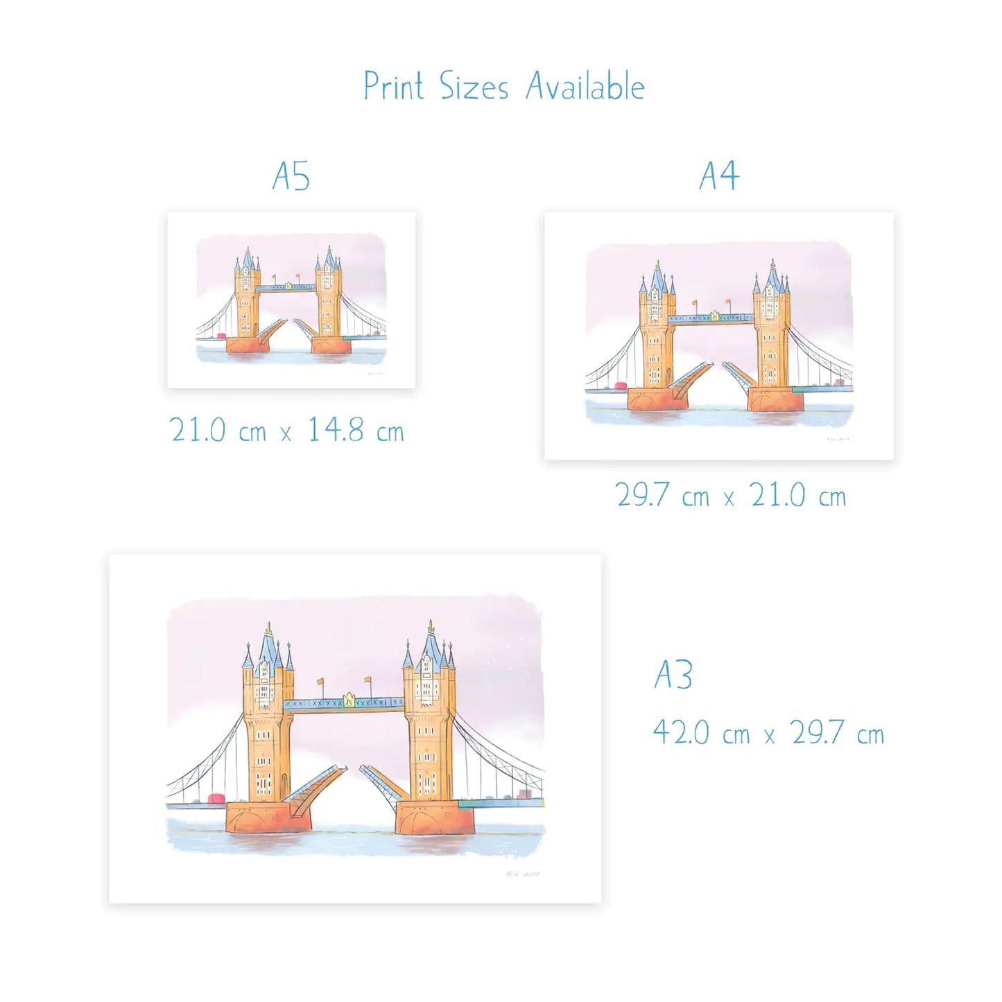 Dimensions for an art print of London's Tower Bridge painted by Mike Green Illustration