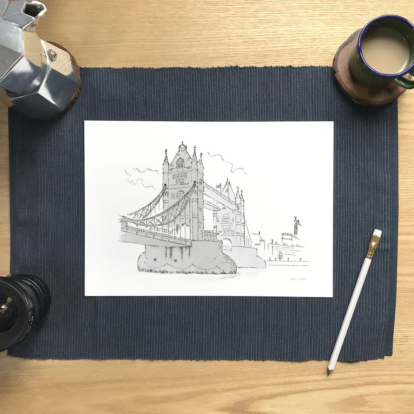 A print of London's Tower Bridge sketched with a pencil by Mike Green Illustration