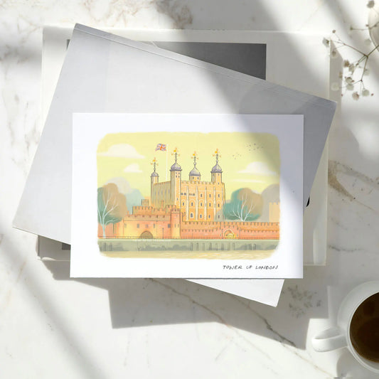 Greetings card with the an illustration of Tower of London on a pile of books
