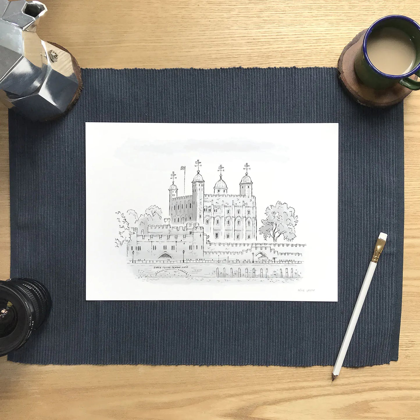 A print of the Tower of London sketched by Mike Green Illustration with a pencil