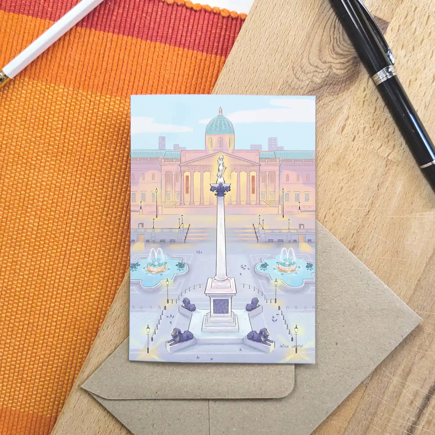 Greetings card with illustration of London's Trafalgar Square.