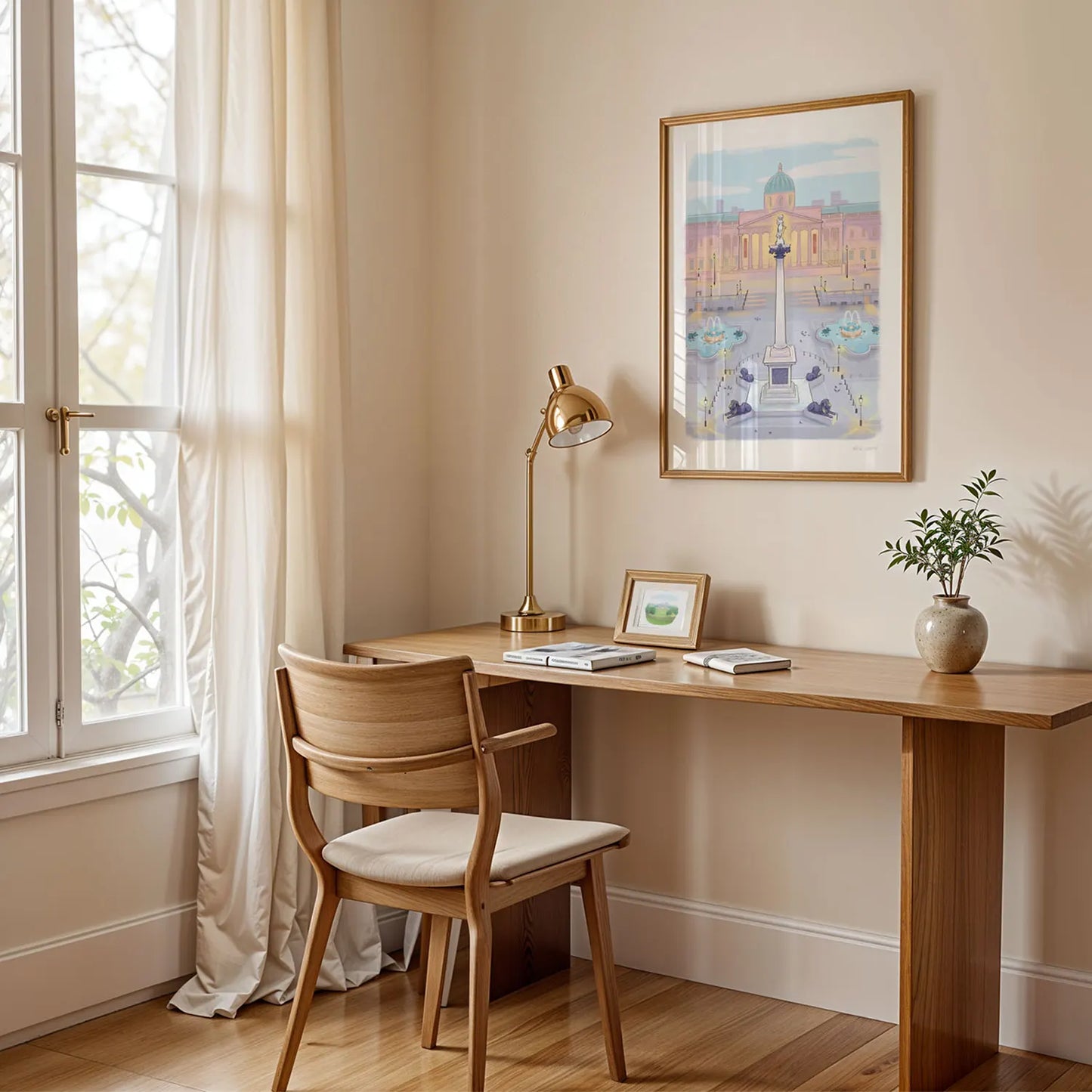 Framed print of an illustration of London's Trafalgar Square by Mike Green Illustration on a wall
